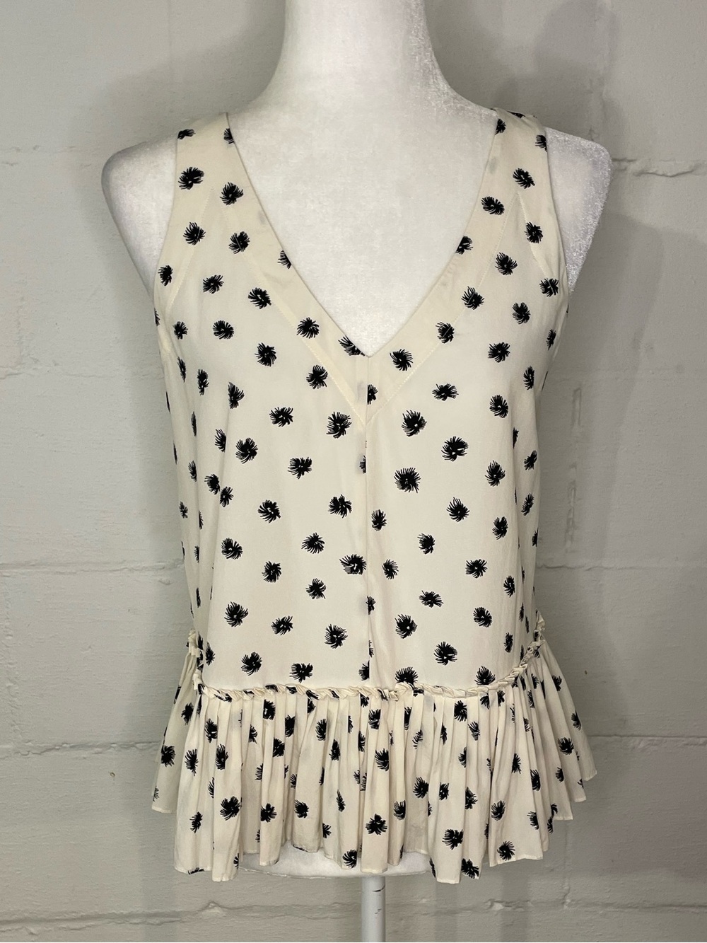 Rebecca Taylor Cream V-Neck Ruffle-Hem Camisole with Black Floral Dots